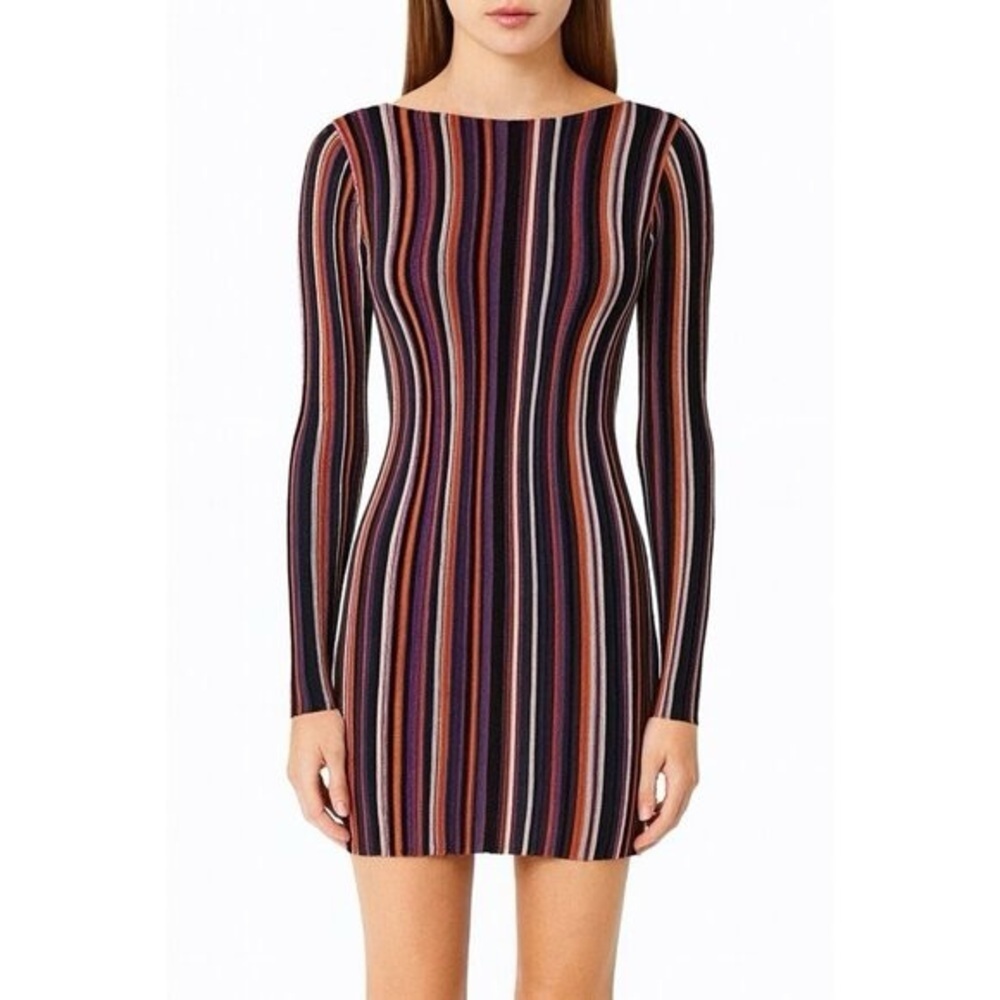 Ronny Kobo Jessica Metallic Stripe Long Sleeve Bodycon Mini Dress- Large